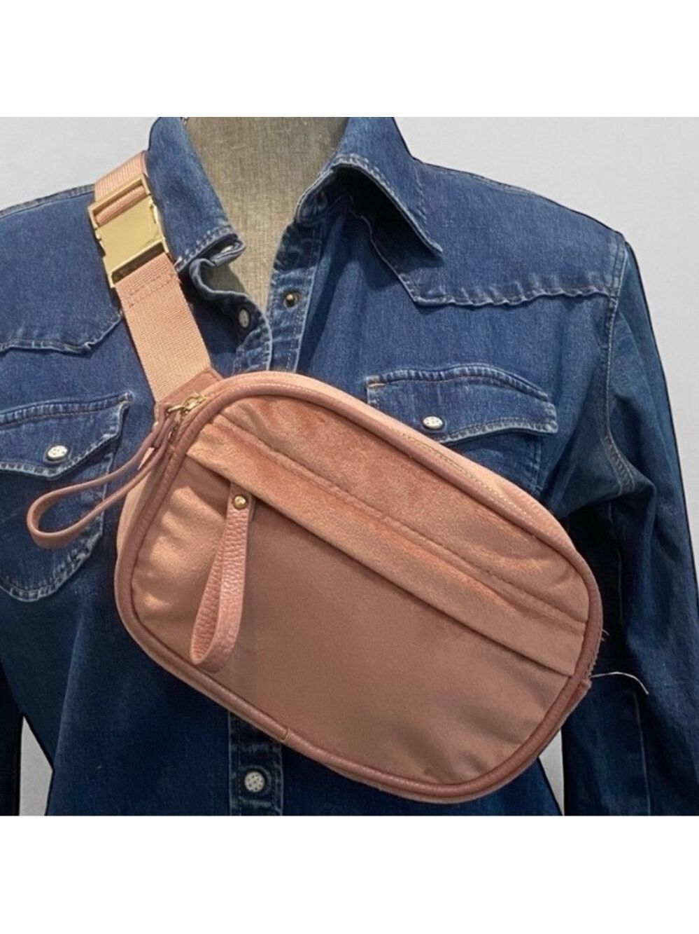 Indigo Blush Velour Crossbody Fanny Pack with Gold Hardware, Stylish & Trendy